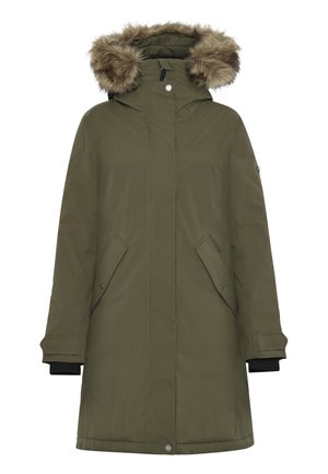 Langer olivgrüner Parka mit abnehmbarem Kunstfellkapuze, zwei seitlichen Taschen und gerippten Bündchen. Glatte Textur mit einem eleganten Design.