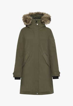 Lange olijfgroene parka-jack met een afneembare faux-fur capuchon, twee zijzakken en geribbelde manchetten. Soepele textuur met een strak ontwerp.