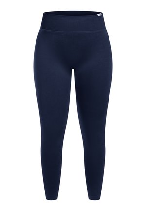 Leggings blu navy con una fascia in vita alta e ampia, realizzati in materiale elastico, caratterizzati da una texture liscia e un design aderente.