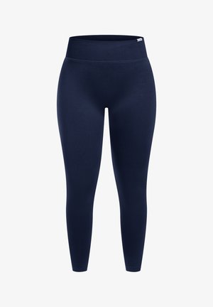Leggings blu navy con una fascia in vita alta e ampia, realizzati in materiale elastico, caratterizzati da una texture liscia e un design aderente.