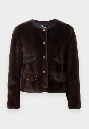 Brown faux fur jacket featuring a round neckline, five gold buttons, and two front pockets with leather trim. Soft, textured fabric.