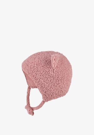 Weiche rosa Fleece-Babymütze mit Ohrenklappen, einem Kinnriemen und einem kleinen dreieckigen Dekorationsdetail oben.
