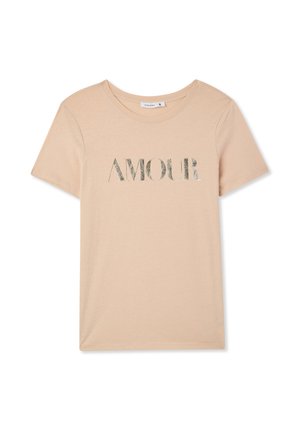 T-shirt in cotone beige con maniche corte e collo a giro, con una grafica metallica argento "AMOUR" sul davanti.