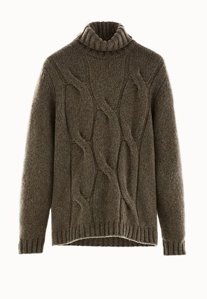 Brown knitted wool turtleneck sweater with cable knit pattern, ribbed cuffs and hem, displayed flat against a white background.