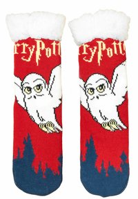 Calzini a tema Harry Potter con un gufo bianco su uno sfondo rosso, dotati di un morbido risvolto bianco e accenti blu vicino alle dita.