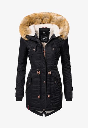 Black parka jacket with a fur-lined hood, two chest pockets, cinched waist, and textured fabric. Features bronze hardware and a soft inner lining.