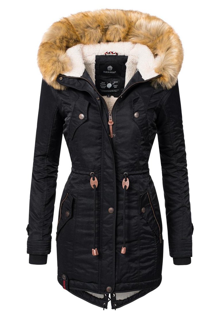 Black parka jacket with a fur-lined hood, two chest pockets, cinched waist, and textured fabric. Features bronze hardware and a soft inner lining.