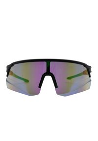Occhiali sportivi da sole con montatura nera e lenti specchiate che mostrano tonalità di viola e verde. Design leggero con ampia copertura e forma sportiva.