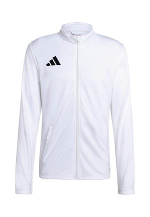Weißes Sportjacke mit durchgehendem Reißverschluss, Stehkragen und schwarzem Adidas-Logo auf der linken Brust, mit zwei vorderen Reißverschlusstaschen.