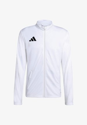 Weißes Sportjacke mit durchgehendem Reißverschluss, Stehkragen und schwarzem Adidas-Logo auf der linken Brust, mit zwei vorderen Reißverschlusstaschen.