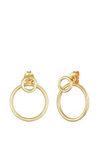 Goldene Creolen mit ineinander verschlungenen kreisförmigen Designs. Der größere Ring ist glatt, während der kleinere Ring oben befestigt ist.