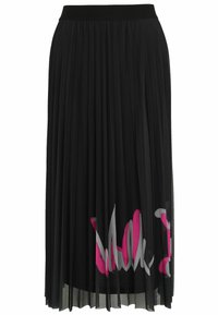 Schwarzer, plissierter Midirock mit hohem Taillenbund und einem pink-weißen, abstrakten Pinselstrichdesign am Saum.