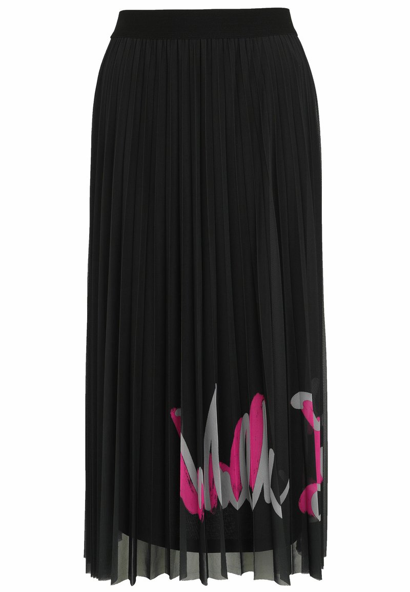 Schwarzer, plissierter Midirock mit hohem Taillenbund und einem pink-weißen, abstrakten Pinselstrichdesign am Saum.