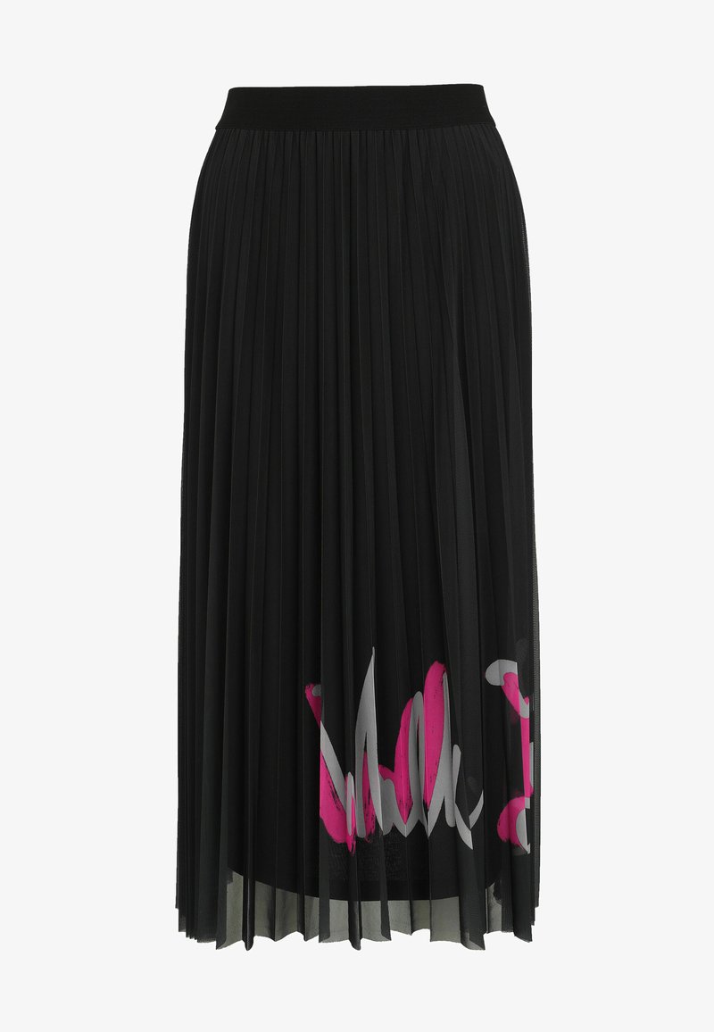 Schwarzer, plissierter Midirock mit hohem Taillenbund und einem pink-weißen, abstrakten Pinselstrichdesign am Saum.