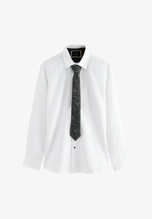 White long-sleeve shirt with a black patterned tie featuring curved lines, button front, and a classic collar design.