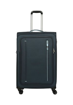 Zwarte stoffen koffer met telescopische handgreep, blauwe ritsaccenten, een voorvak en vier draaiwielen voor mobiliteit.