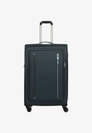 Maleta de tela negra con un mango telescópico, detalles de cremallera azul, bolsillo frontal y cuatro ruedas giratorias para mayor movilidad.