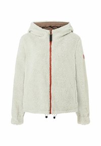 Fuzzy cream-colored hooded jacket with a front zipper, red stitching detail, and adjustable hem. Soft texture with long sleeves.