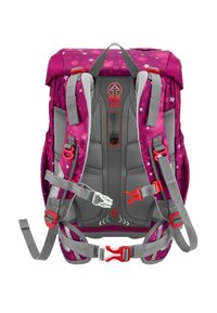 Lila Rucksack mit Sternenmuster, grauen Riemen, verstellbaren Hardware und gepolsterter Rückseite. Verfügt über rote Akzente und einen oberen Griff.