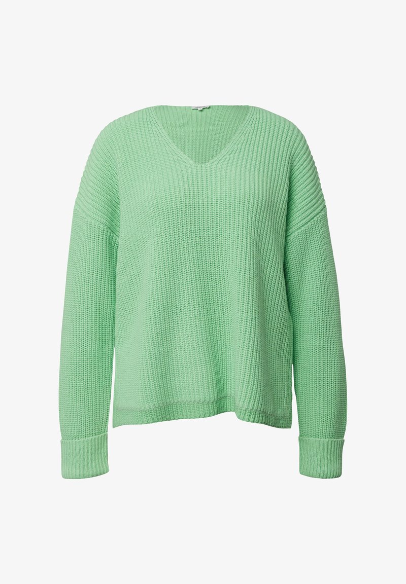 Hellgrüner gestrickter Pullover mit V-Ausschnitt, geripptem Muster, überschnittenen Schultern und langen Ärmeln. Er zeichnet sich durch eine lockere Passform und dicke Bündchen aus.
