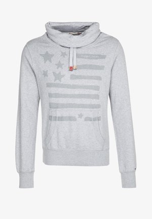 Felpa grigia chiara con colletto a cappuccio, tasca frontale e design sbiadito di stelle e strisce sul petto.