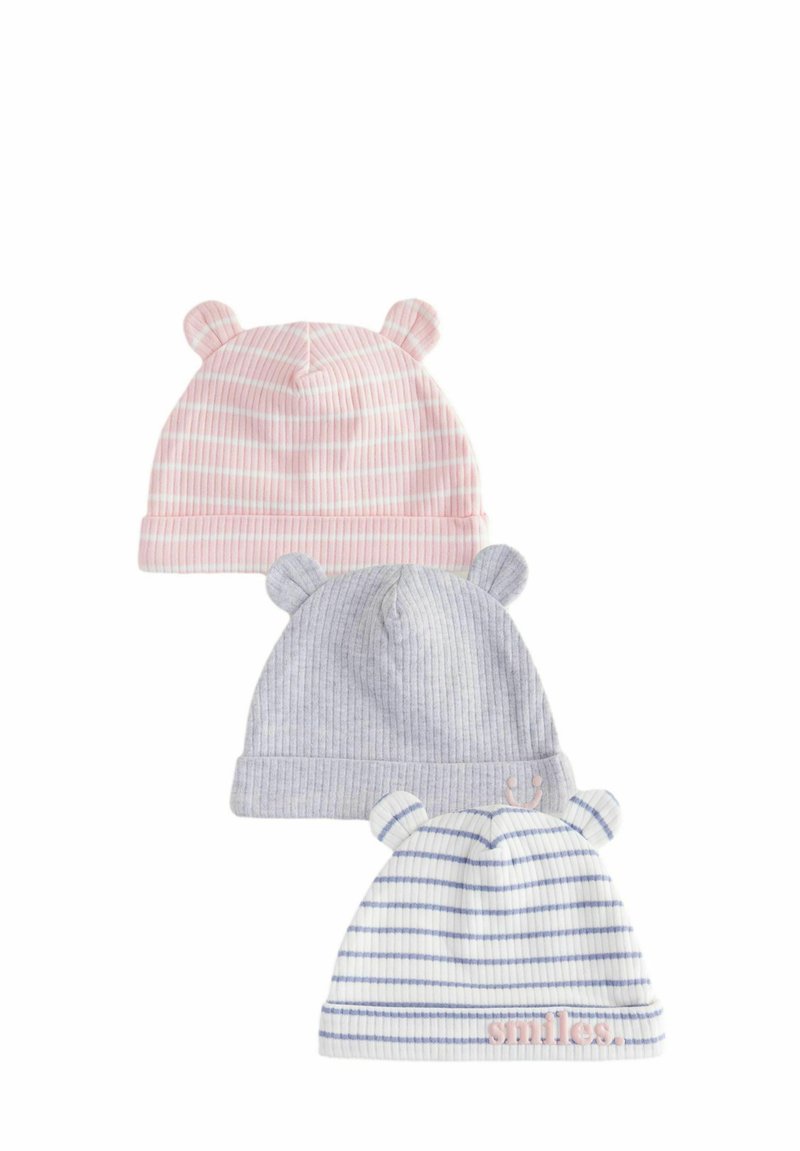Set di tre cappelli a coste per bebé: rosa con orecchie, grigio con faccina sorridente e bianco con righe blu e testo "sorrisi".