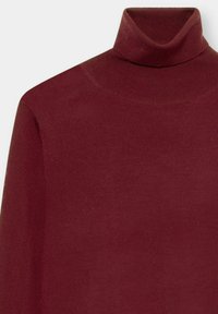 Bordowy golf z miękkiej dzianiny; cechuje się dopasowanym kołnierzem i długimi rękawami, gładką fakturą i minimalistycznym wzornictwem.
