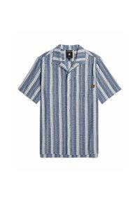 Korte mouw, overhemd met kraag in blauw-witte verticale strepen, voorzien van een borstzak en een genaaide label aan de onderlinkerkant.