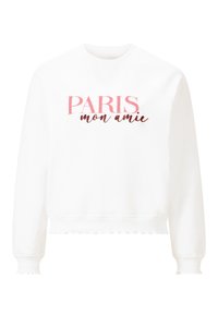 Weißes Sweatshirt mit rundem Halsausschnitt, gerippten Bündchen und welligem Saum. Verziert mit rosa und metallischen Buchstaben: "PARIS mon amie."