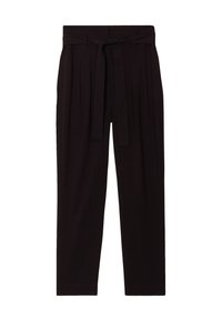 Schwarze Hosen mit einem taillierten Bund, mit Falten, geradem Bein und einer glatten Textur. Keine auffälligen Muster oder Hardware sichtbar.
