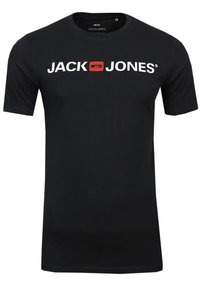 Schwarzes Baumwoll-T-Shirt mit Rundhalsausschnitt und kurzen Ärmeln, mit dem Aufdruck "JACK & JONES" in Weiß und einem roten Akzentlogo.