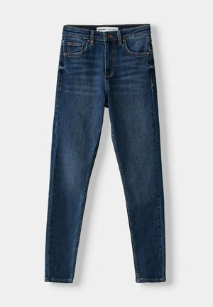 Dunkelblaue Skinny Jeans aus Denim mit klassischem Fünf-Taschen-Design, verstärkten Nähten und Knopfverschluss. Glatte Textur, keine Muster.