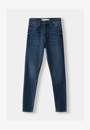 Dunkelblaue Skinny Jeans aus Denim mit klassischem Fünf-Taschen-Design, verstärkten Nähten und Knopfverschluss. Glatte Textur, keine Muster.