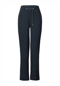 Pantaloni texture blu navy con vita regolabile tramite coulisse e dettagli in metallo argentato. Gamba dritta e tessuto morbido. Adatti per un abbigliamento casual.