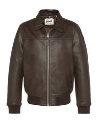 Donkerbruin leren bomberjack met ritssluiting aan de voorkant, twee zijzakken, geribbelde manchetten en zoom, en een omgeslagen kraag.