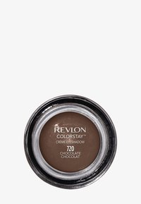 Revlon ColorStay Crème Lidschatten in 720 Chocolate Chocolat. Rundes schwarzes Behältnis mit klarem Deckel zeigt eine glatte, braune Cremetextur.