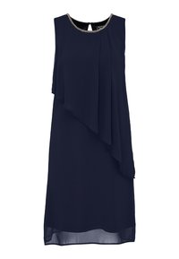 Granatowa sukienka bez rękawów wykonana z lekkiego materiału, z warstwami drapowanymi i ozdobnym dekoltem wykończonym koralikami. Zawiera tylną część z wycięciem w kształcie łezki.