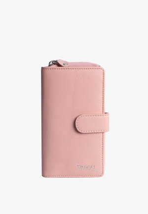 Pink leather wallet with a textured finish, zip closure, and a snap-button flap. Features a silver logo at the bottom corner.