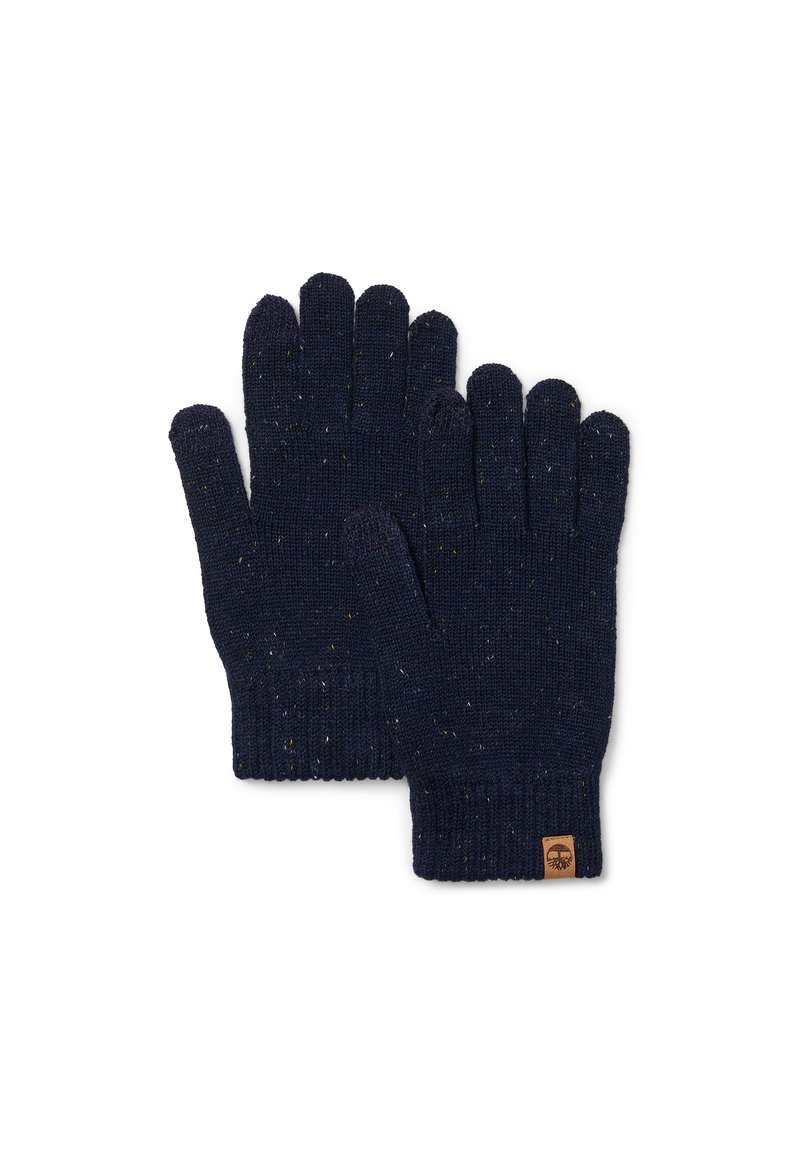 Guantes de punto en color navy con puños acanalados, tela texturizada con motas multicolores y una pequeña etiqueta de logo marrón en la muñeca.