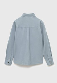 Vaaleansininen pitkähihainen paita, jossa on nappikiinnitys hihansuissa, selkäosa ja keskilaskos, esitetty takaa neutraalilla taustalla.