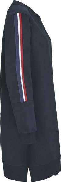 Marineblaues Sweatshirt mit langen Ärmeln, ausgestattet mit einem strukturierten Design und kontrastierenden Seitenstreifen in Rot, Weiß und Blau. Gerippte Bündchen und Saum.