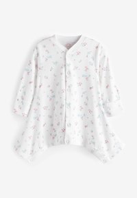 Hvid babydragt med lange ærmer, prydet med et blomsterdesign i pink og blå. Trykknaplukning i bunden og rund halsudskæring.