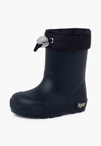 Botte de pluie en caoutchouc marine avec une semelle noire texturée, une manche en tissu et un cordon de serrage ajustable. Présente une petite étiquette logo sur le côté.