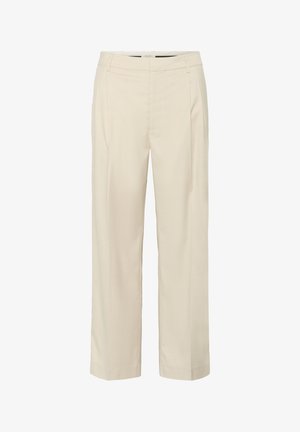 Beige housut, jotka on muotoiltu suoraan leikkaukseen, etupaperit ja sivutaskut. Valmistettu kevyestä kankaasta, joka on sileä rakenne.