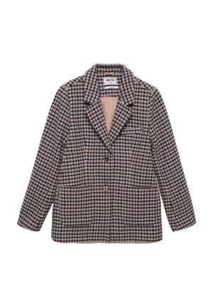 Sako z vlněné směsi s kostičkovaným vzorem houndstooth, s klopami, na dva knoflíky, předními kapsami a béžovou podšívkou.