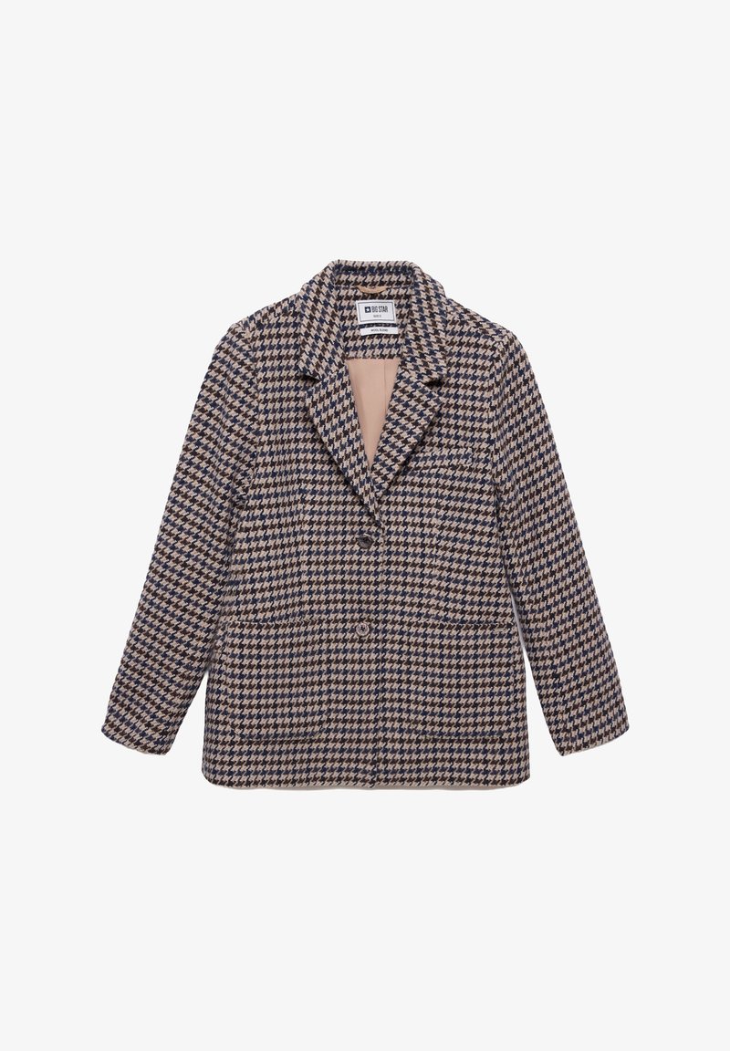 Sako z vlněné směsi s kostičkovaným vzorem houndstooth, s klopami, na dva knoflíky, předními kapsami a béžovou podšívkou.