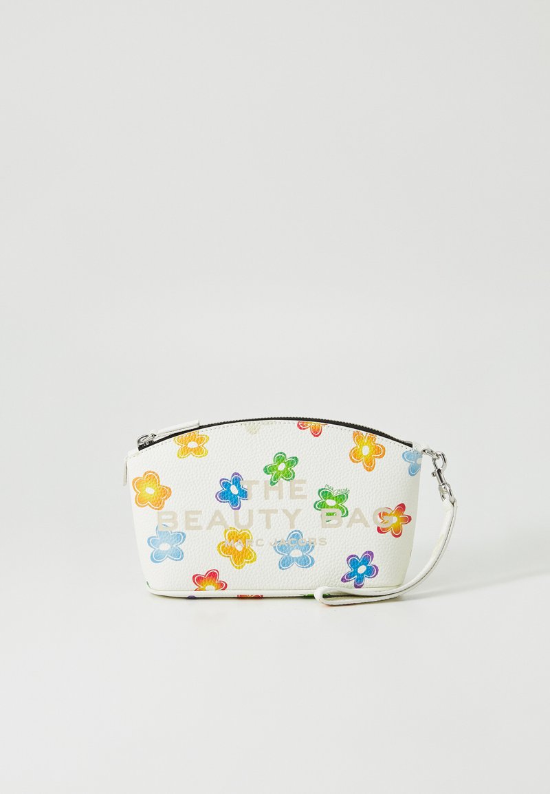 Saco cosmético branco texturizado com padrões florais coloridos em rosa, azul, amarelo e verde; fecho com zíper e alça destacável.