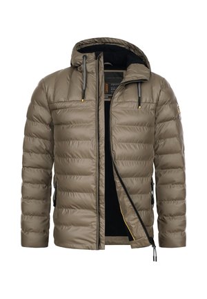 Gepolsterte olivgrüne Jacke mit Kapuze, ausgestattet mit Reißverschlusstaschen, Kordelzugverstellungen und einer eleganten Textur. Vollständiger Reißverschluss vorne.