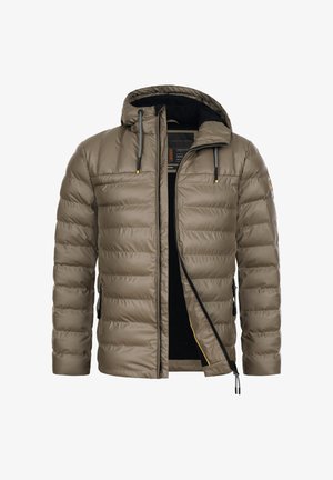 Veste matelassée olive avec une capuche, dotée de poches zippées, d'ajustements à cordon et d'une texture lisse. Fermeture éclair frontale sur toute la longueur.