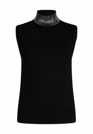 Črni top brez rokavov z visokim okrašenim ovratnikom in asimetričnim izrezom blizu leve rame.